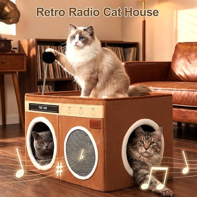 Retro Radio Cat House, Large Foldable Cat Bed Indoor Cat Cave | Spacious Multi-Cat Sleeping Hideaway Pet Nest, Non-Sticky Fur Fabric, Scratch Pad & Bendable Antenna Ball 13×19.7×15.8 Inches - Image 4
