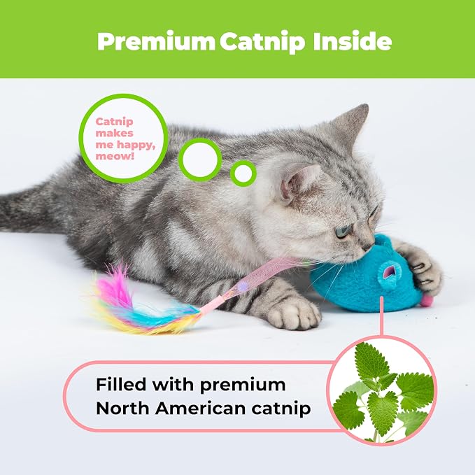 Catify Interactive Cat Toy - Squeaking Mice Set, Blue & Fuchsia | Catnip Infused, Tap to Activate Squeaks, Soft, For Indoor Kittens & Cats, Independent Play, Attaches to Wand, Pack of 2 - Image 3