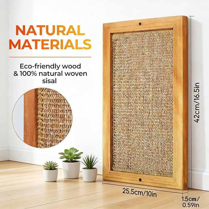 Cat Scratching Post, Natural Wooden Sisal Cat Scratch Pad, Floor or Wall Mounted Vertical Cat Scratcher Mat for Indoor Cats Adults or Kittens, Scratching Board Cat Wall Furniture Protector - Image 2