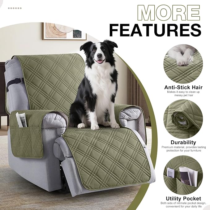 TAOCOCO Waterproof Recliner Chair Covers 30 Inch Wide, Oversized Recliner Covers for Recliner Chair with Pocket, Recliner Slipcovers with Straps Furniture Protector for Kids Pets (30'', Green) - Image 5