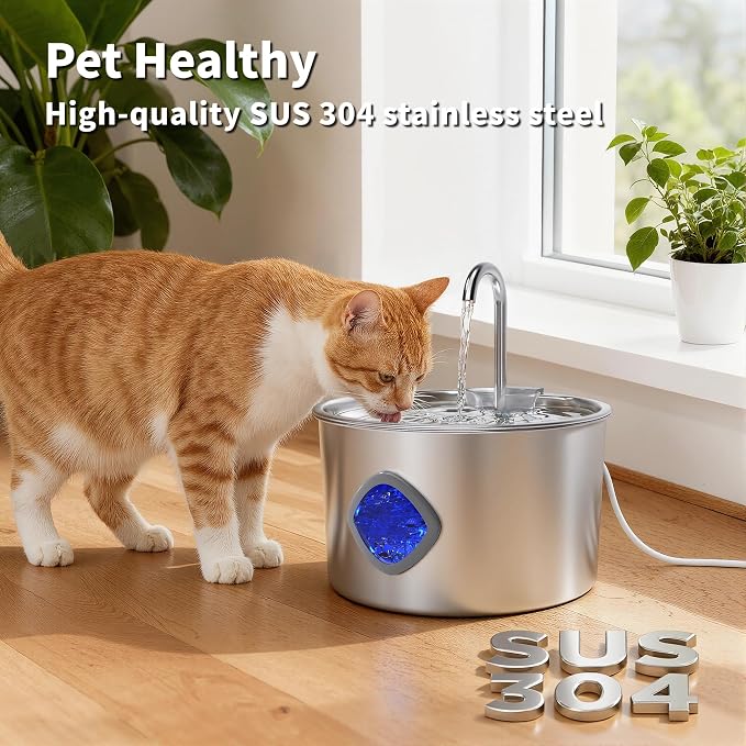 Cat Water Fountain Stainless Steel: 108oz/3.2L Cat Fountain for Drinking - Pet Water Fountains for Cats Indoor - Cat Water Bowl Dispenser - Pets Feeding & Watering Supplies - Water Level Window - Image 2