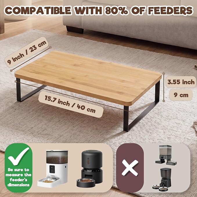 Bamboo Wood Cat Food Stand for Automatic Cat Feeder and Bowls | Non-Slip Metal Frame Elevated Cat Bowls Stand 15.7'' x 9.1'' Tabletop Fit Most Automatic Feeders, Raises Feeder/Bowl by 3.5'' - Image 2