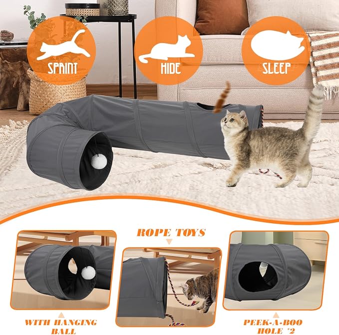 Cat Tunnel, 2-Way Collapsible Cat Tube with Interactive Peek-A-Boo Hole, Toy Ball, and Rope – Ideal for Indoor Cats, Kittens, and Rabbits (Dark Gray) - Image 2