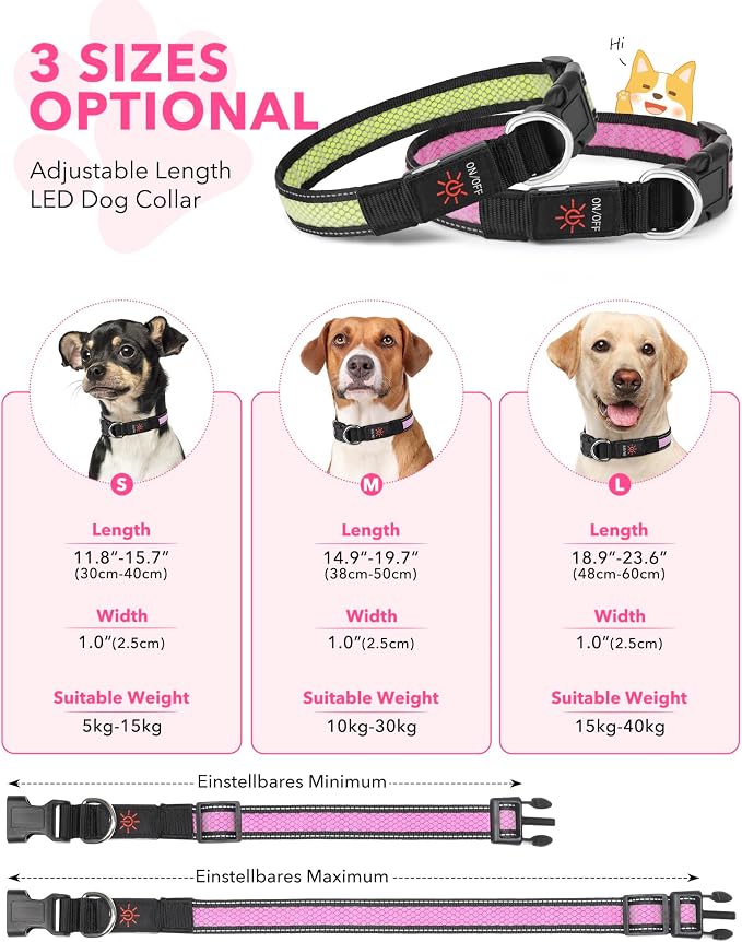 Weesiber Light Up Dog Collar, USB Rechargeable LED Dog Collar Glow in The Dark, Adjustable Reflective Waterproof Dog Collar Light for Night Walking(Pink, M) - Image 3