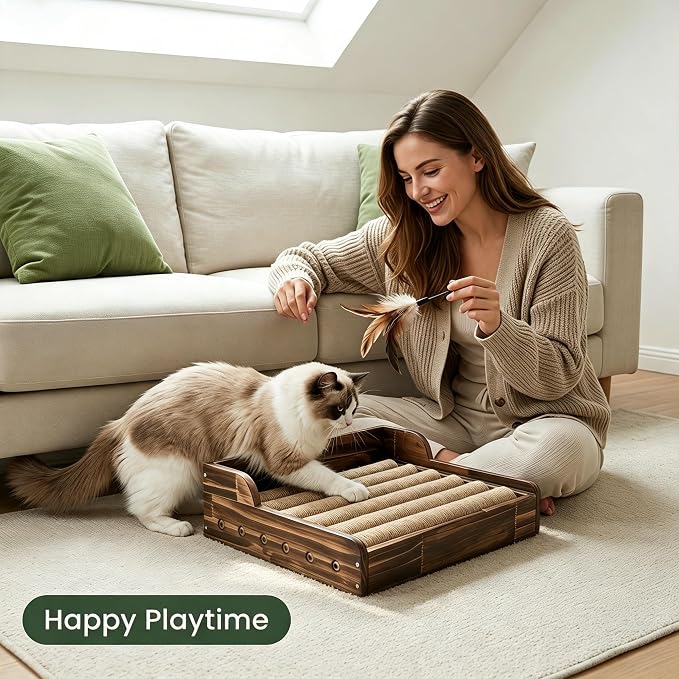 Cat Litter Box Step with Sisal Scratching Post Litter Catcher Mat (Green) | Multi-Purpose Wood Anti-Tracking Cat Scratcher Bed Litter Box Ramp, Fits Standard Cat Litter Boxes - Image 8