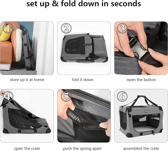 Petprsco Portable Collapsible Dog Crate, 24" Soft Dog Crate for Car Travel | Includes Mat, Blanket & Bowl, Strong Fabric, 4-sided Mesh Vents, 3 Doors, Fit Small Dogs & Large Cats Indoor and Outdoor Use - Image 5