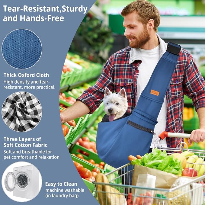 CUBY Dog and Cat Sling Carrier - Small Dog Carrier Sling with Adjust Strap & Zip Pocket, Hands Free Soft Dog Slings for Small Dogs Cats Puppy Pets Outdoor Travel Safety Purse Bag (Navy Blue) - Image 5