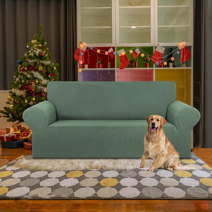 KEKUOU Loveseat Couch Cover, 2 Cushion Couch Slipcover,Greyish Green | 1-Piece Stretch Sofa Cover Pet Friendly (55"-78") Furniture Protector Soft Jacquard, Elastic Bottom for Dogs & Kids - Image 2