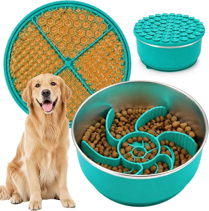 Large Dog Bowl 8 Cups Stainless Steel with Slow Feeder Insert and Lick Mat Storage Lid, 3-in-1 Non-Slip Pet Bowl for Kibble, Wet Food,Travel by Unknown