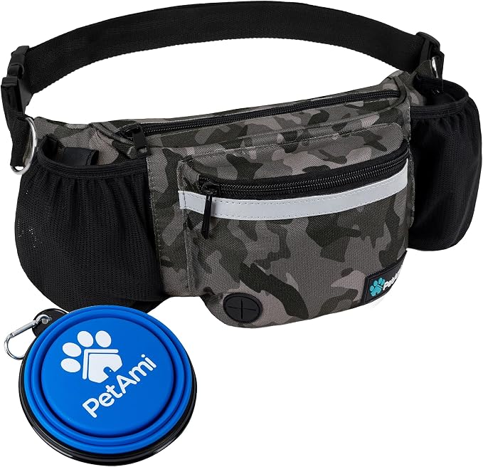 PetAmi Dog Fanny Pack, Treat Pouch for Dog Walking Training, Camo Black | Built in Poop Bag Dispenser, Water Bottle Holder, Collapsible Bowl, Pet Treat Waist Belt for Hiking Running Kibbles by PetAmi