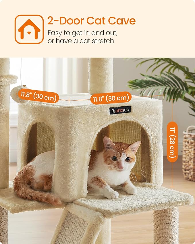 Feandrea Cat Tree, 37.8-Inch Cat Tower, Multi-Level Condo with Widened Perch, Scratching Posts and Ramp, 2-Door Cave, Hammock, Beige UPCT51M - Image 6