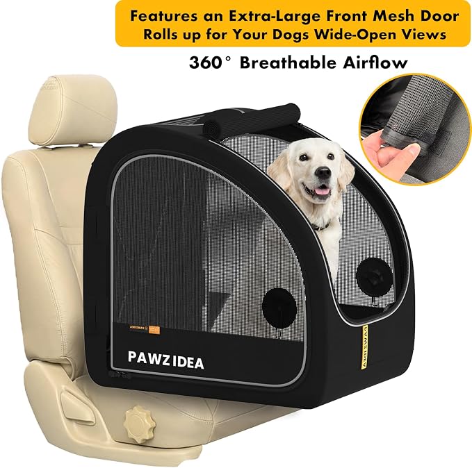 PAWZIDEA Portable Dog Crate for Car Travel, Medium & Large Dogs Up to 80lbs | Enclosed Soft-Sided Dog Car Kennel for Backseat, Secures w/ Seatbelt & Headrest Strap, Collapsible Car Carrier, Chew-Proof - Image 9