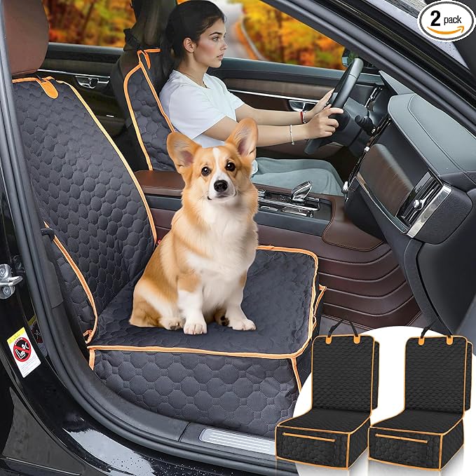 2 Packs Front Seat Car Cover, Waterproof Dog Car Seat Cover, Non-slip & Scratch-Proof, Pet Car Seat Protector with Side Flaps and Storage Pocket, Car Seat Cover for Most Cars, Trucks and SUVs by Homsunyi