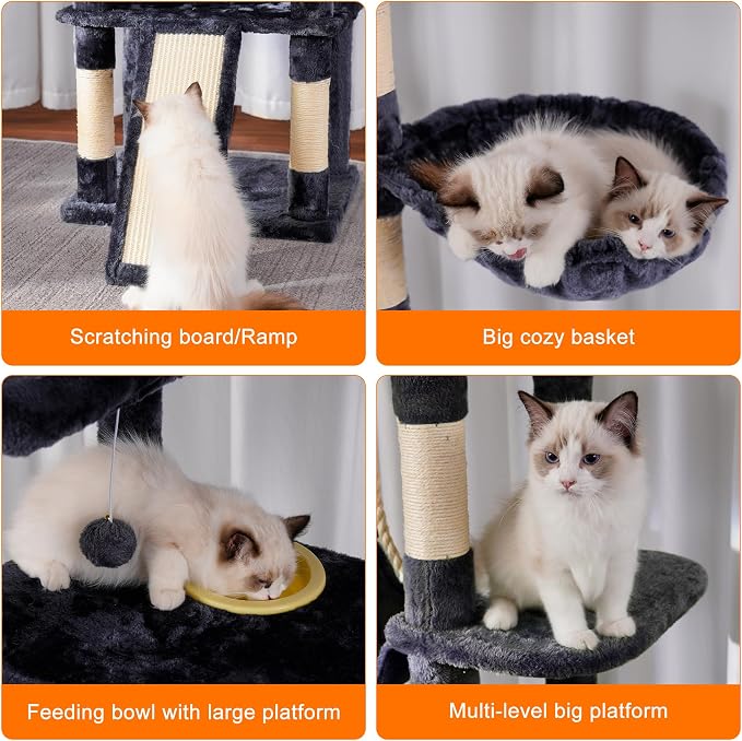 Heybly Tall Cat Tree 78-inch Multi-Level Cat Tower for Indoor Cats HCT033G | Cat Condo with 2 Widened Plush Perches, Multi-Level Cat Furniture with Scratching Board, Big Caves, Smoky Gray - Image 8