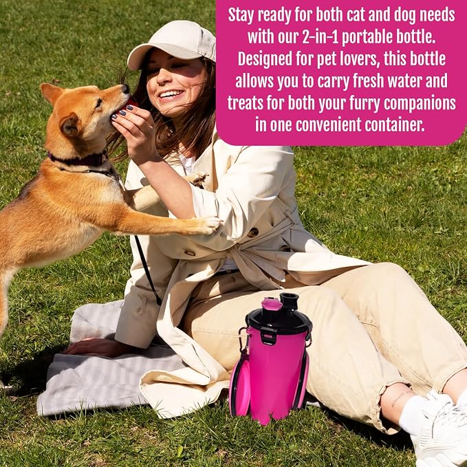 Dog Travel Water Bottle W/Collapsible Bowls - Portable 2 in 1 Leakproof Pet Water Bottle Food Container Ideal for Travel, Outdoor Portable Water Bowls for Walking, Camping & Hiking - (Pink) - Image 6