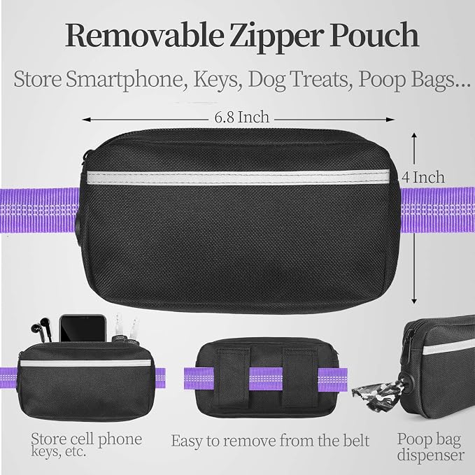 Hands Free Dog Leash with Zipper Pouch, Large, 25-120 lbs, Purple | Waist Leash, Dual Padded Handles, Shock-Absorbing Bungee, Adjustable Waist Belt, Walking and Running - Image 2