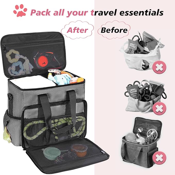 Dog Travel Bag, Large Pet Travel Set with Multi-Function Pockets | 2 Food Storage Containers, 2 Collapsible Bowls, 1 Feeding Mat for Pet Supplies, Road Trip Essentials, Weekend Camping, Grey - Image 7