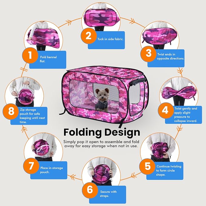 Portable Collapsible Pop Up Kennel, 24" L x 16.6" W x 16" H, Camo Pink | Collapsible indoor/outdoor travel cat and dog crate with mesh screen windows pops up and folds flat for easy storage - Image 5