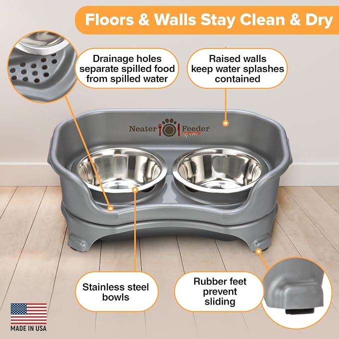 Neater Feeder Express Mess Proof Dog Bowls Elevated for Small Breeds Under 15 Lb, Made in USA, No Spill Raised Dog Food Bowl Stand, Stainless Steel Food and Water Bowl Set, Feeding Station, Grey - Image 6