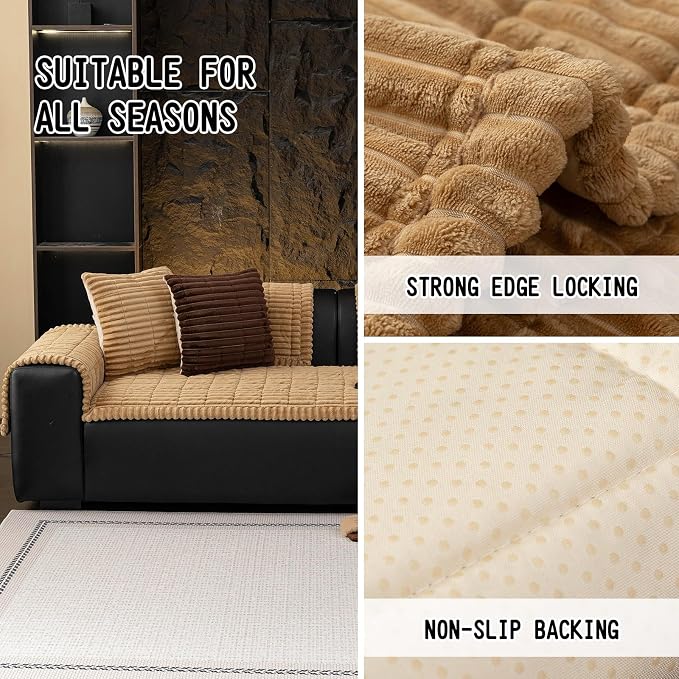 Sofa Couch Cover, Sofa Covers for Dogs Washable, Non-Slip Striped Sofa Slipcovers for Sectional Sofa, Sofa Cover Furniture Protector for L Shaped(Khaki, 27.6"x 82.7") - Image 2