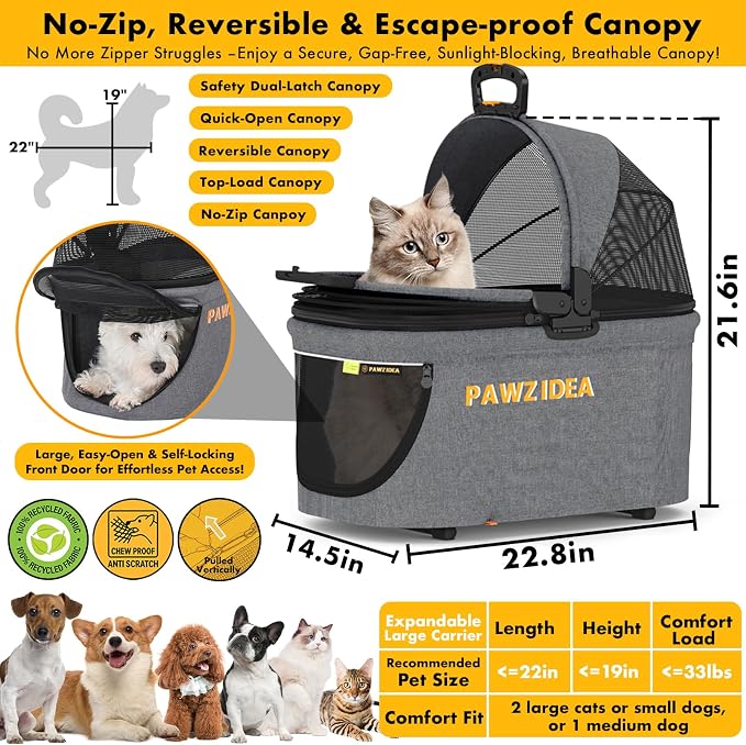 PAWZIDEA Portable Small Dog Crate for Car Travel Up to 33lbs, No-Zip Canopy | Enclosed Dog Car Seat Escape-Proof, Soft-Sided Small Medium Puppy Cats Car Kennel, Foldable Pet Carrier by Seatbelt, Top-Load - Image 2