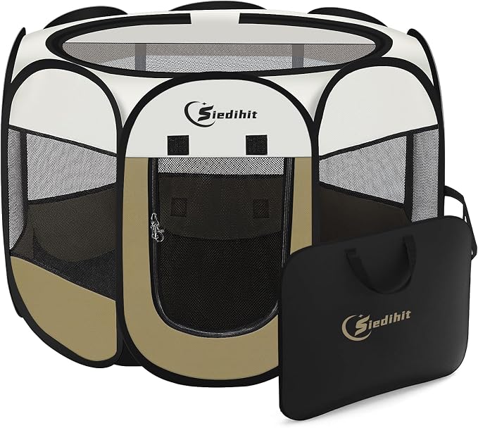 Siedihit Dog Cat Playpen, Small Puppy Pet Playpen, Dog Crate Tent Cage | Indoor/Outdoor, Portable Pop Up Dogs Kennel Playpen with Carrying Case for Dogs/Cats/Rabbits(Khaki, Small ) by Siedihit