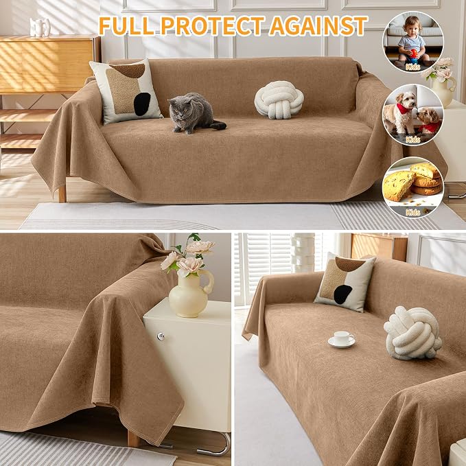 Deep Dream Cat-Scratch Resistant Couch Cover, Waterproof Sofa Cover for 3 Cushion Couch Washable, Pet Friendly Couch Protectors Anti Slip Thickened Sofa Slipcovers for Dogs Pets, 71" x 150", Brown - Image 4