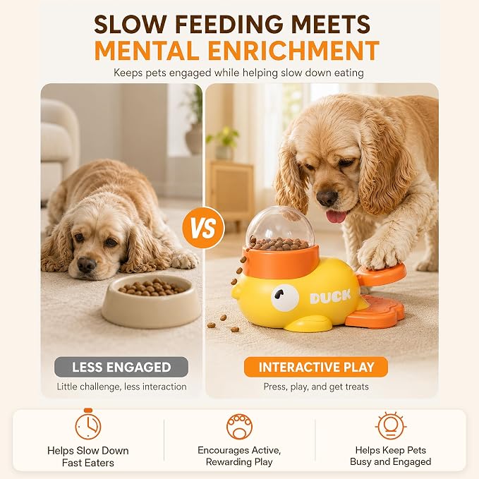 Interactive Dog Puzzle Toy, Cute Duck Treat Dispenser with Anti-Slip Pad, Press-Type Slow Feeder for IQ Training & Boredom Relief, Mental Enrichment for Small Medium Dogs & Cats (Yellow) - Image 5