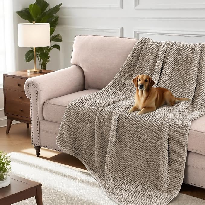 H.VERSAILTEX Plush Chenille Couch Cover for Dogs Pets Blanket for Bed Anti-Slip Soft and Durable Furniture Protector for Small Medium Large Cats Washable (52" x 82", Taupe) - Image 3