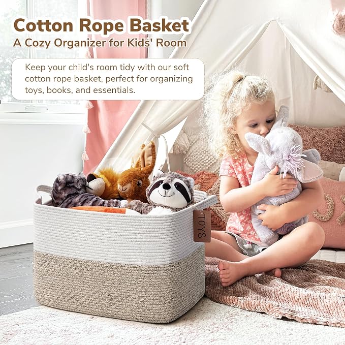 Goodpick 50L Large Woven Rope Storage Basket, Rectangle, Light Brown | 18" × 14" × 12" Stylish Gift Baskets for Living Room & Bedroom Organization, Cotton Rope Basket for Blanket & Toy Storage - Image 2