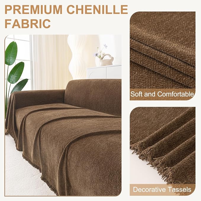 Smiry Couch Cover for Dogs, Chenille Sofa Covers for 3 Cushion Couch | Washable Soft Sofa Slipcover for Pets, Thick Sectional Furniture Protector with Tassels (Chocolate, 88.5x150 Inch) - Image 2