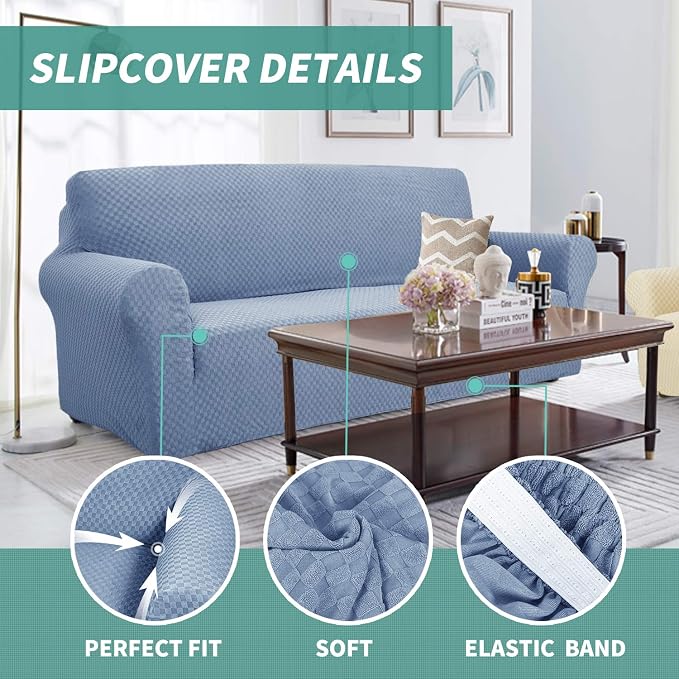YEMYHOM Couch Cover Latest Jacquard Design High Stretch Sofa Covers for 3 Cushion Couch, Pet Dog Cat Proof Slipcover Non Slip Magic Elastic Furniture Protector (Large, Light Blue) - Image 3