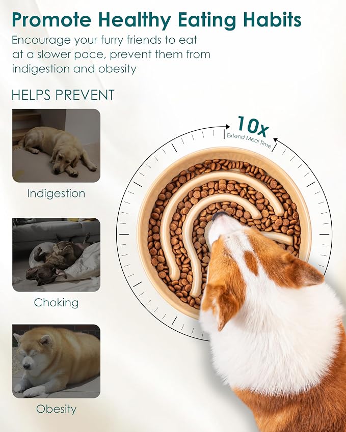 vancasso Slow Feeder Dog Bowl, 1.5 Cup Ceramic Slow Feeding Food Dish for Small and Medium Breed, Puzzle Dog Food Bowl for Fast Eater, Brown - Image 3