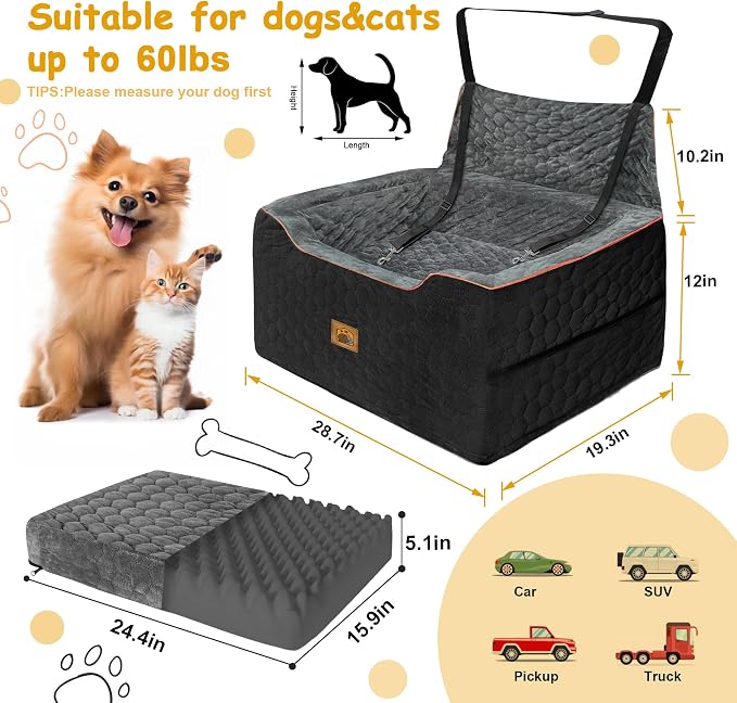 Dog Car Seat for Medium/Large Dog Booster Seat for Dogs Under 60 lbs or 2 Small Dogs, Multi-Functional Pet Car Seat with Thick Cushion, 2 Safety Leashes (BlackGray) - Image 2