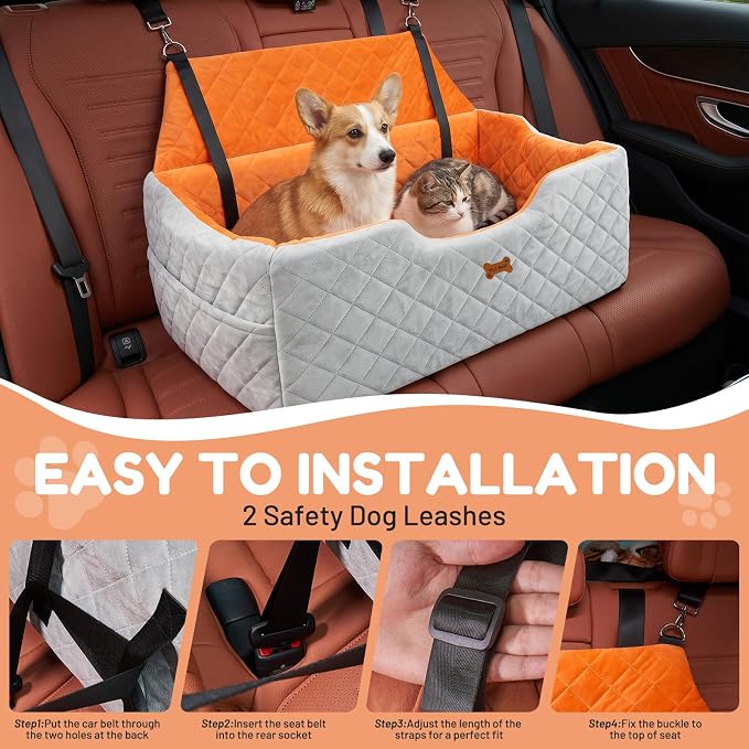 Dog Car Seat for Large Medium Dogs up to 55 lbs, Memory Foam Dog Booster Seat with Storage Pocket, 2 Safety Leashes,Washable Cover, Portable Anxiety Pet Travel Bed, Gray - Image 6