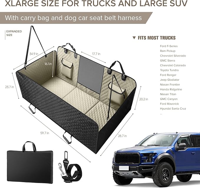 XL Truck Back Seat Extender for Dogs, Dog Car Seat Cover for Back Seat | Hard Bottom Heavy Duty Dog Hammock for Aggressive Chewers, Waterproof Pet Seat Covers for Trucks, F150, Ram1500, Large SUV - Image 6