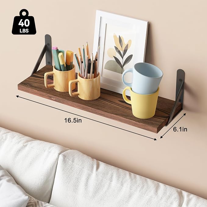 YGEOMER 16.5in Floating Shelves for Wall, Dark Carbonized Pine Set of 6 | Rustic wood shelves with metal brackets. Space-saving for books & decor. Works in bathroom, kitchen, living room & bedroom. - Image 3