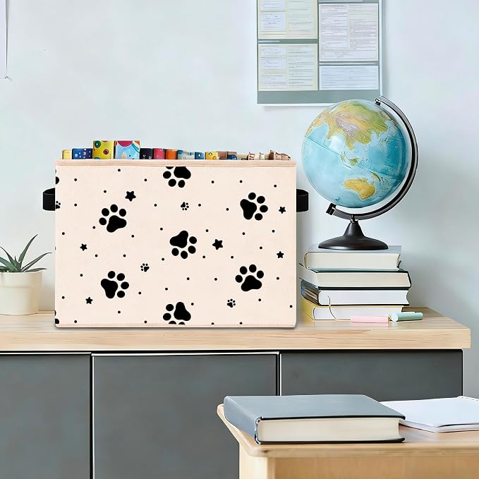 Paw Print Storage Bin, Foldable Fabric Organizer | Black paw print storage bin with stars and dots for toys, books, clothes, pet items, shelves, closets, and rooms. - Image 3