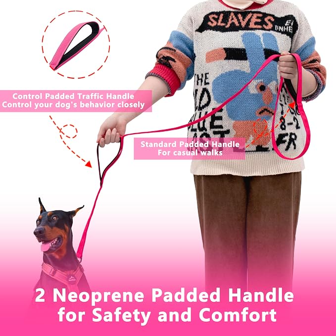 Dog Leash 5ft Long,Double Handle Dog Leash for Control Training | Heavy Duty Dog Leads with Traffic Padded Handles, Reflective Leashes for Small Medium Large Dogs(5ft, Hotpink) - Image 2