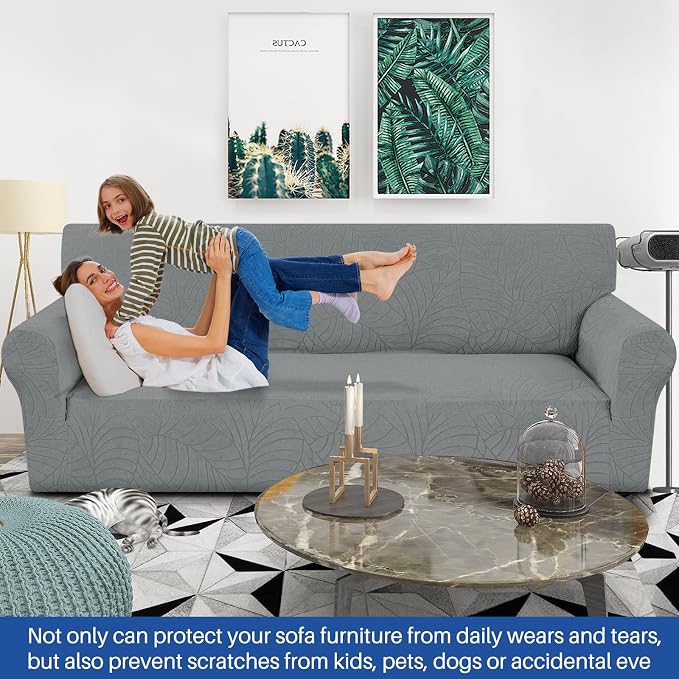 YEMYHOM Couch Cover Latest Jacquard Design High Stretch Extra Large Sofa Covers Pet Dog Cat Proof Oversized Slipcover Non Slip Magic Elastic Furniture Protector (X-Large, Begonia Leaf Dark Gray) - Image 2