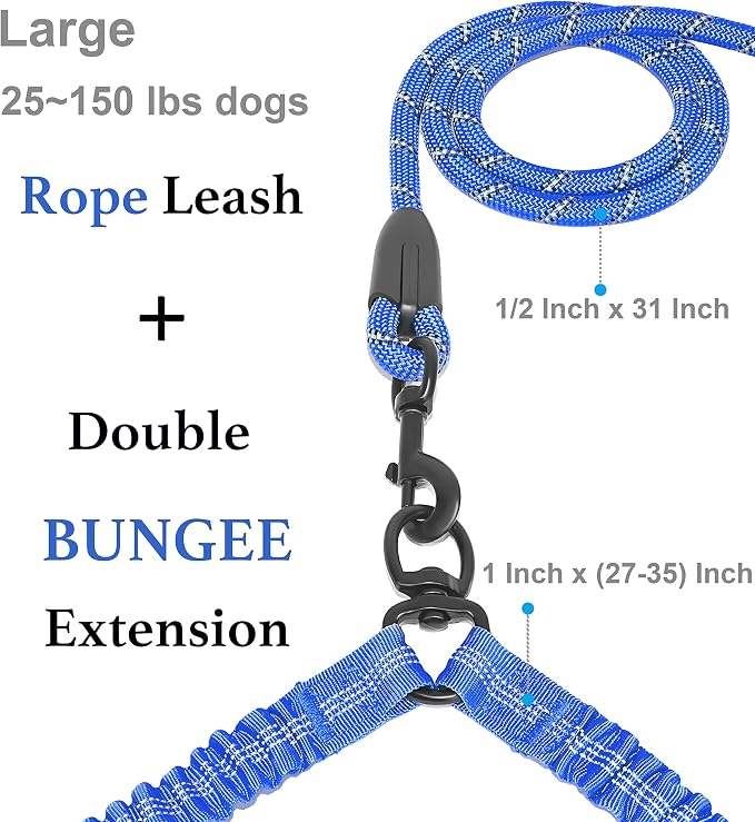 Double Dog Leash, 360° Swivel, No Tangle, Large, Royal Blue | Dual Leash for Two Dogs, Split Leash, Shock-Absorbing Bungee, Padded Handle, Heavy-Duty Rope - Image 2