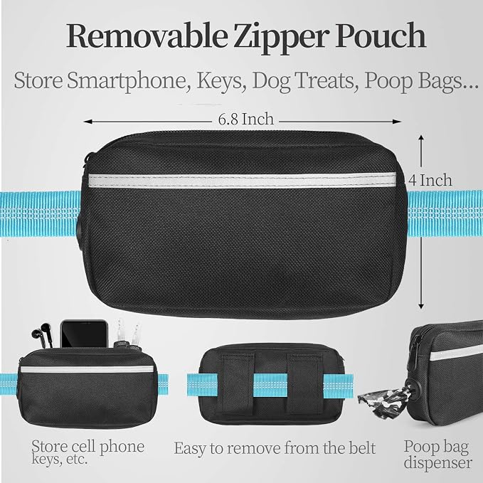 Hands Free Dog Leash with Zipper Pouch, Medium, 8-25 lbs, Blue | Waist Leash, Dual Padded Handles, Shock-Absorbing Bungee, Adjustable Waist Belt, Walking and Running - Image 3