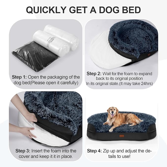 iweepet Fluffy Orthopedic Dog Beds for Large & Extra Large Dogs, 44" Calming Dog Sofa Bed with28D Egg-Crate Foam, Removable Washable Cover, Waterproof Lining, for Puppy,Senior,Sick - Image 7