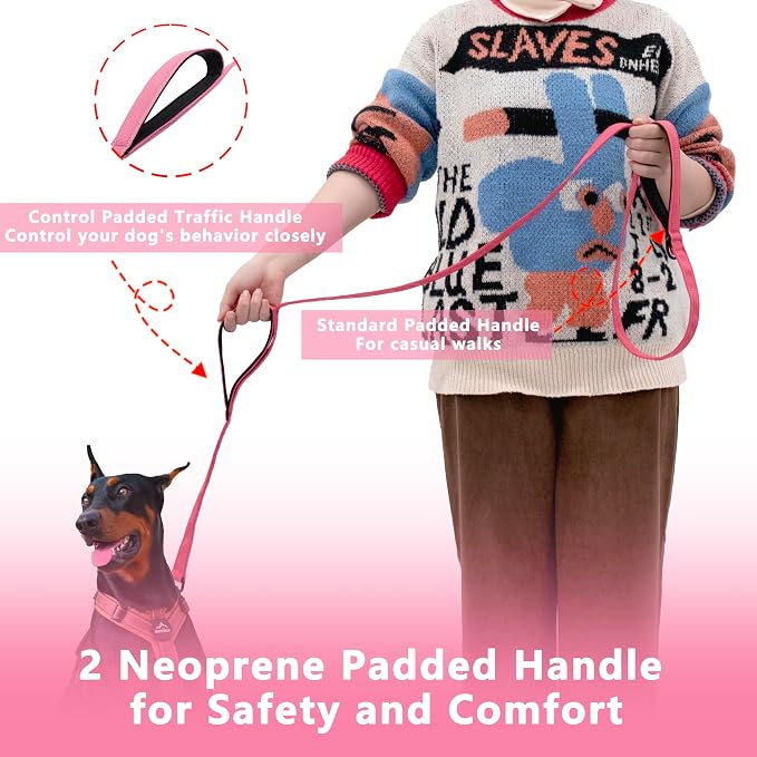 Dog Leash 6.5ft Long,Double Handle Dog Leash for Control Training | Heavy Duty Dog Leads with Traffic Padded Handles, Reflective Leashes for Small Medium Large Dogs(6.5ft, Pink) - Image 2