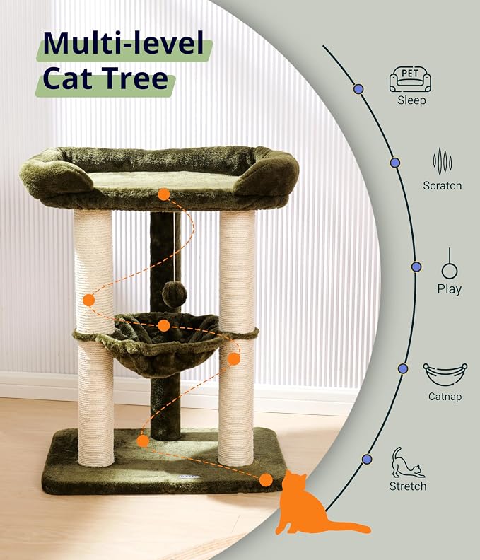 Cat Tree, Cat Scratching Posts with Large Bed for Big Cats | Green, Small Cat Tower, 28" Tall For Window Viewing, 23.6"x15.7" Large Cat Bed, Cat Hammock, Removable Cover, Solid Structure - Image 4