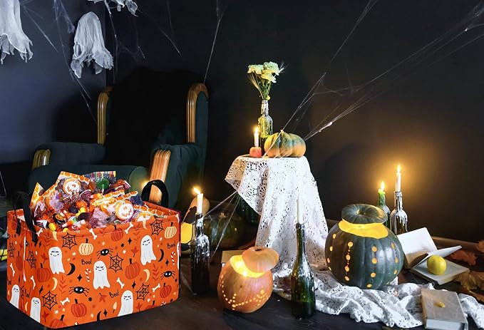 Rectangle Pumpkin Ghost Pattern Gift Storage Basket Home Shelf Storage Basket Organizer Box Clothes Laundry Hamper Nursery Basket Laundry Basket with Handles - Image 4