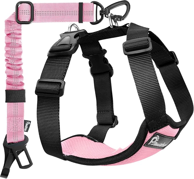 Pawaboo Dog Seat Belt Harness for Car, Seatbelt Harness with 2 in 1 Buckle | Adjustable Breathable Harness for Car, Elastic Reflective Heavy Duty Dog Tether, for Small Medium Large Pets, M, Pink by Pawaboo