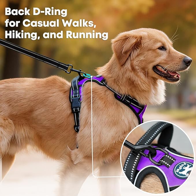 PoyPet No Pull Dog Harness Large, Reflective Vest with Front Clip & Handle | Easy On/Off, No Choke, Adjustable, 2 Leash D-rings, Soft Padded, Breathable, Oxford, for Walking Training, L, Purple - Image 4
