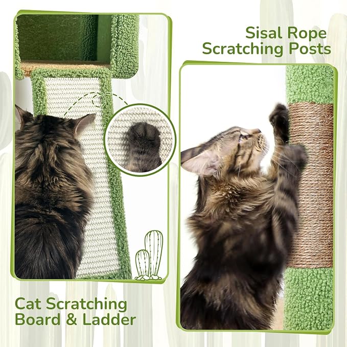 Globlazer Large Cactus Cat Tree Tower, 70in Tall Heavy Duty Green Cat Tree for Indoor Cats Sturdy Cat Tower with Scratching Post and Board, Hammock, Cat Condos for Adult Cats Kittens, F70 Pro, Green - Image 5
