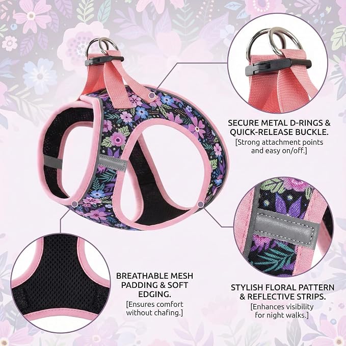 Mihqy Step in Dog Harness and Leash Set, Breathable Mesh, Pink Floral,S | Reflective, Adjustable No Pull Harnesses for Small Dogs Puppy and Cats, Lightweight Vest Harnesses, Fashion Floral Design - Image 2